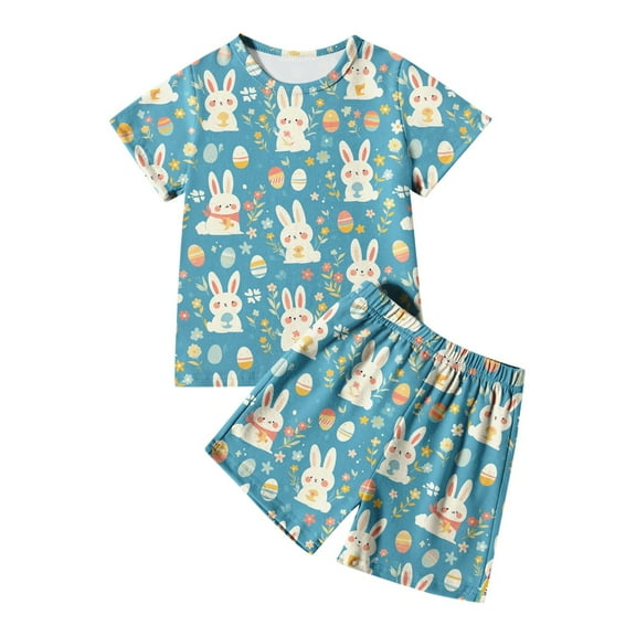 WOYY Toddler Boys Easter Pajamas Bunny Prints Short Sleeve T-Shirt Shorts Sleepwear Set