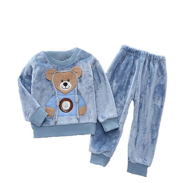 Hiijoy Toddler Boys Flannel Pajama Sets Cartoon Bear Embroidery Pullover Top Pants Homewear