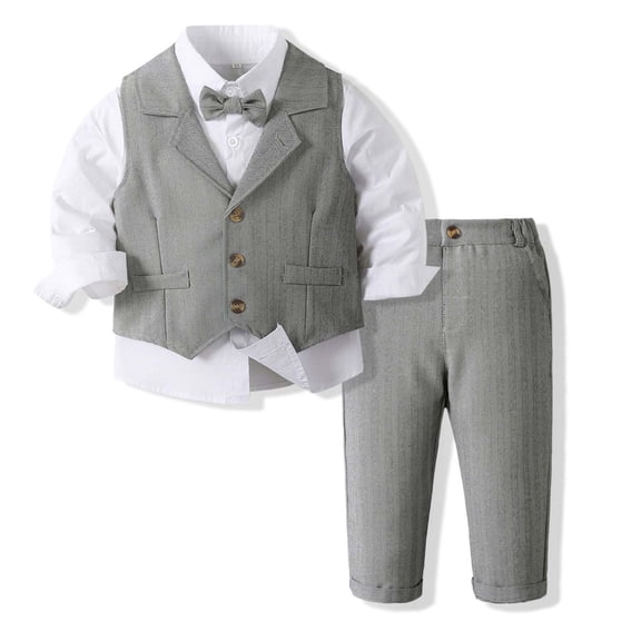 WOYY Toddler Boys Formal Suit Bow Tie Long Sleeve Dress Shirt Waistcoat Pants 4Pcs Set, Sizes 2-3T