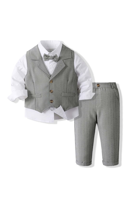Toddler Boys Formal Suit Bow Tie Long Sleeve Dress Shirt Waistcoat Pants 4Pcs Set, Sizes 3-4T