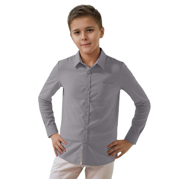 WOYY Toddler Boys Long Sleeve Button-Down Shirt Solid Color Casual Lapel Shirt, Grey