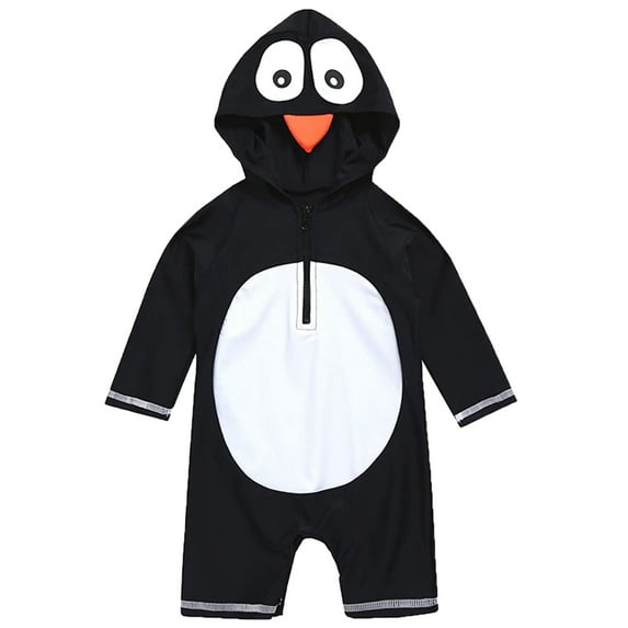 WOYY Toddler Boys Long Sleeve Cartoon Penguin Hooded One-Piece Swimsuit Swimwear Onesie
