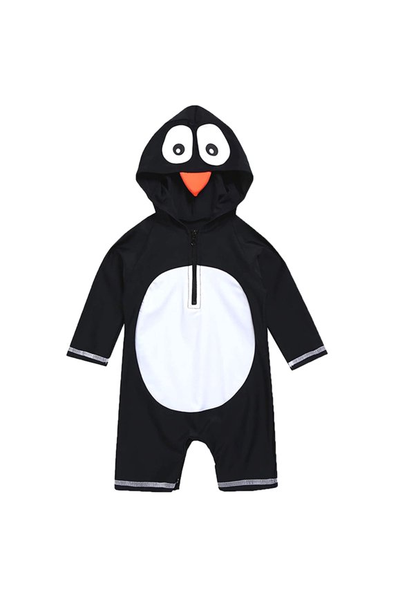 Toddler Boys Long Sleeve Cartoon Penguin Hooded One-Piece Swimsuit Swimwear Onesie