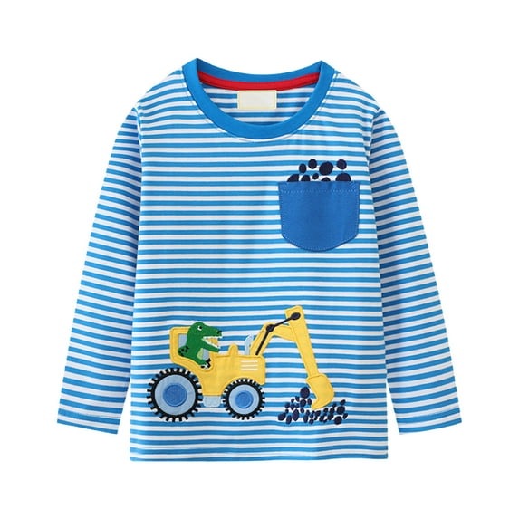 WOYY Toddler Boys Long Sleeve T Shirt Excavator Print Striped Crewneck Tshirt Undershirt