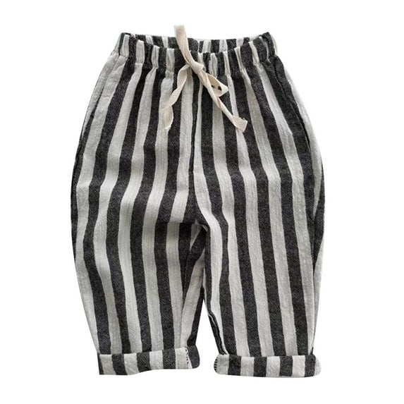 WOYY Toddler Boys Minimalist Striped Linen Pants Daily Elastic Waist Pants, Sizes 3-4T