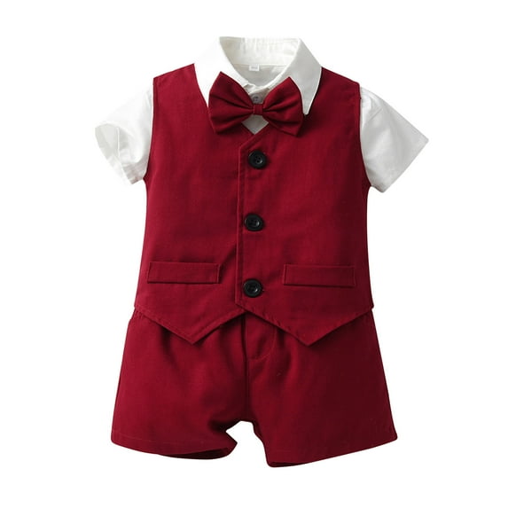 WOYY Toddler Boys Outfit Sets Solid Short Sleeve Button Bowtie Shirt Vest Shorts 3pcs Suit Set