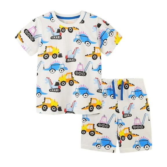 WOYY Toddler Boys Outfits Car Prints Short Sleeved T Shirt and Shorts Summer Casual Clothes Set, Size 2-8