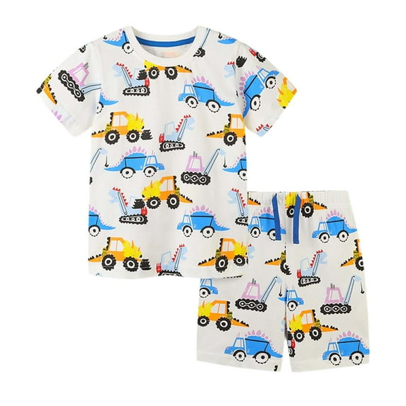 WOYY Toddler Boys Outfits Car Prints Short Sleeved T Shirt and Shorts Summer Casual Clothes Set, Size 2-8