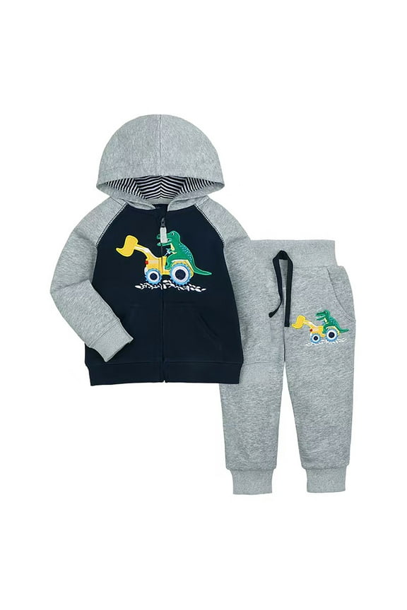 Toddler Boys Outfits Cartoon Embroidery Zip Up Hoodie Sweatpants Set, Sizes 2-3