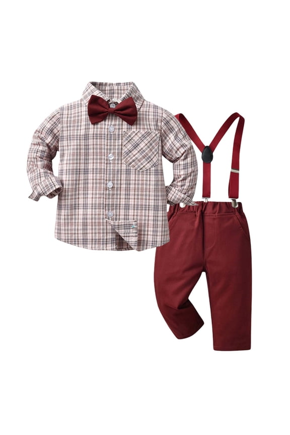 Toddler Boys Outfits Long Sleeve Striped Dress Shirt Suspender Pants Suit, Sizes 4-5T