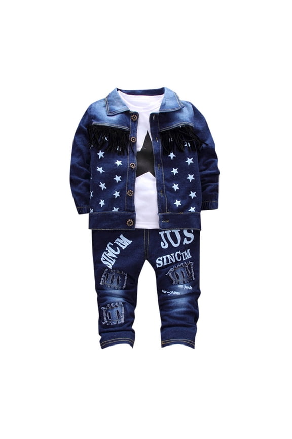 Toddler Boys Outfits Long Sleeve T Shirt Denim Jacket Pants 3Pcs Set, Sizes 2-3T