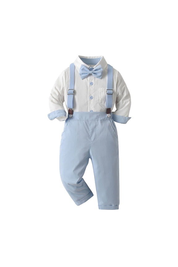 Toddler Boys Outfits Solid Long Sleeve Button Shirt Suspenders Pants Suit, Sizes 4-5T