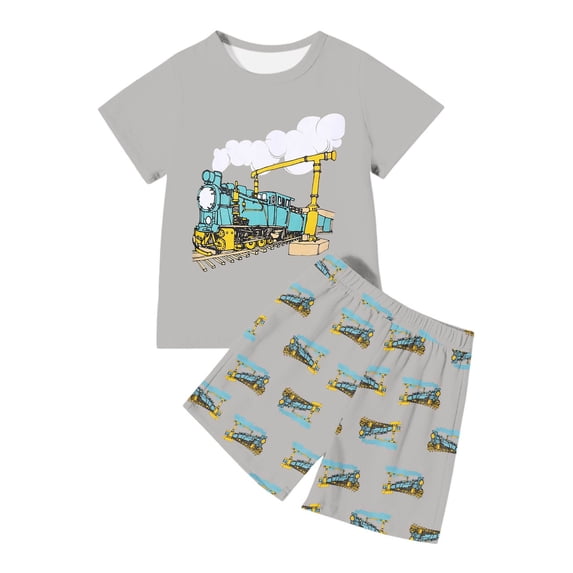 WOYY Toddler Boys Outfits Train Print Short Sleeve T-Shirt & Shorts 2Pcs Set, Sizes 2-3T