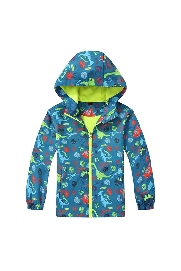 Toddler Boys Rain Jacket Dinosaur Hooded Windbreaker Outdoor Hiking Coat, Sizes 4-5T