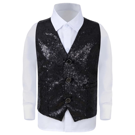 WOYY Toddler Boys Sparkly Sequins Vest for Stage Performance Glitter Waistcoat, Sizes 4-5T