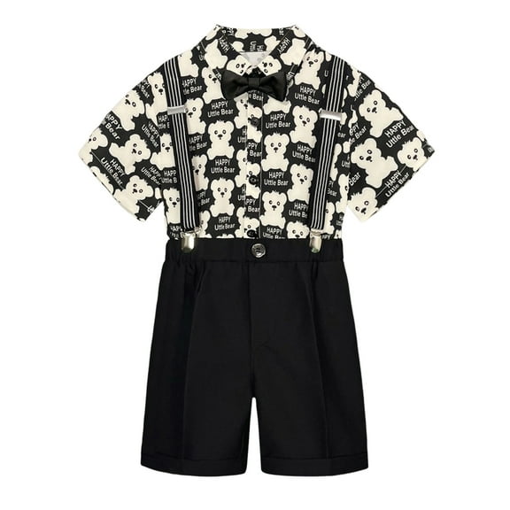 WOYY Toddler Boys Suit Summer Short Sleeve Button-Down Shirt Suspenders Shorts Outfits, Size 1-9