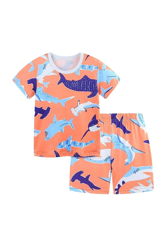 Toddler Boys Summer Clothes Set Shark Print Short Sleeve T-Shirt Shorts Outfits, Sizes 1-13