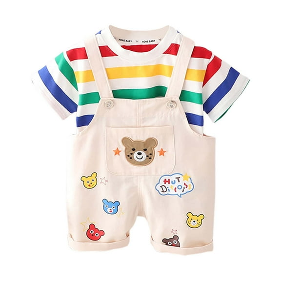 WOYY Toddler Boys Summer Outfits Striped T-Shirt & Cute Bear Print Overalls, Sizes 3-4T
