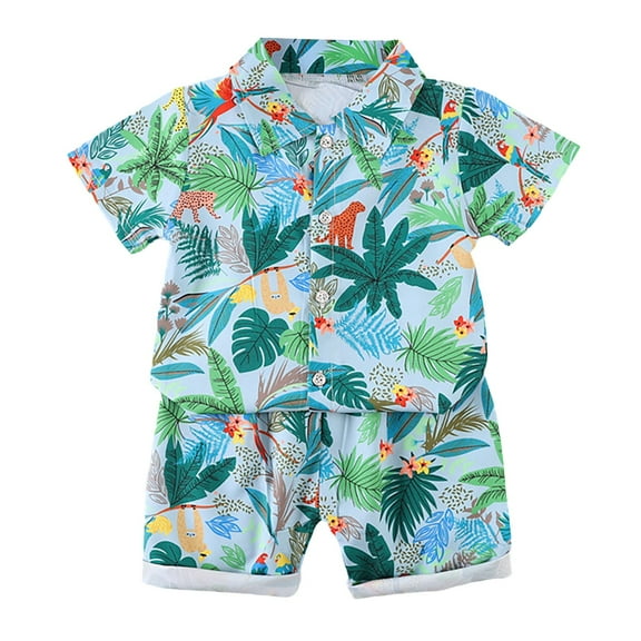 WOYY Toddler Boys Summer Outfits Tropical Print Short Sleeve Button Shirt and Shorts Set