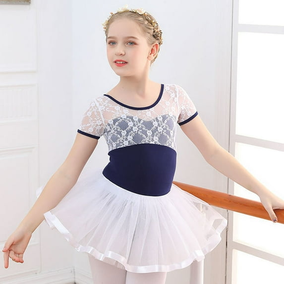 WOYY Toddler Girl's Ballet Dance Dress Lace Short Sleeve Leotards with Removable Tutu Skirt