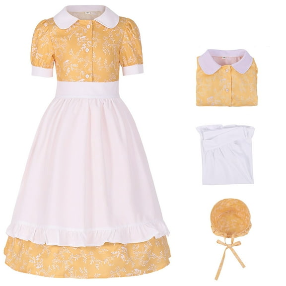 WOYY Toddler Girl's Garden Style Short Sleeve Dress with Apron Hat Long Dress, Sizes 4-12