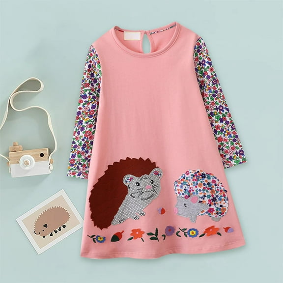WOYY Toddler Girl's Long Sleeve T-Shirt Dress Cartoon Hedgehog Print Casual Dresses