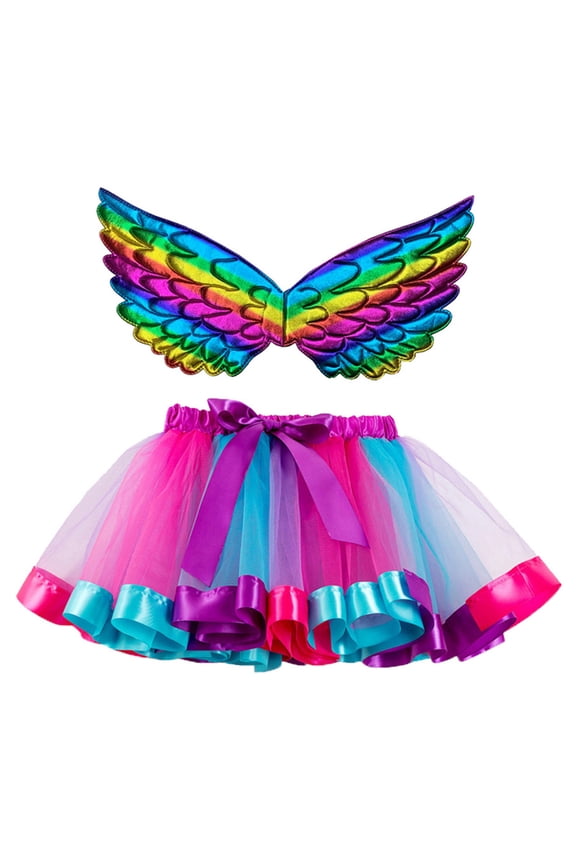 Tutu Skirt for Girls Rainbow Ballet Dance Layered Tulle Skirt with Wing, Sizes 2-4