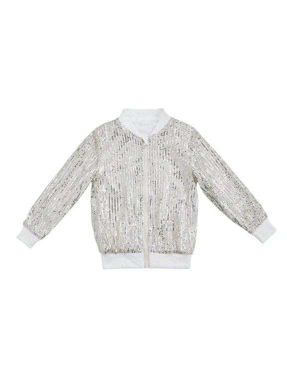 Toddler Girl's Sequins Jacket Sparkly Full-Zip Solid Coat Kids Trendy Bomber Jacket