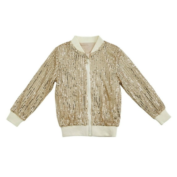 WOYY Toddler Girl's Sequins Jacket Sparkly Full-Zip Solid Coat Kids Trendy Bomber Jacket