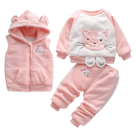 WOYY Toddler Girls 3Pcs Clothes Sets Cute Sweatshirt Hooded Vest Pants Thicken Warm Outfits