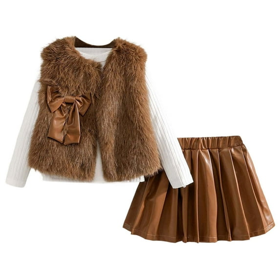 WOYY Toddler Girls 3Pcs Faux Fur Cardigan Vest Knitted Top Pleated Skirt Set, Sizes 2-3T