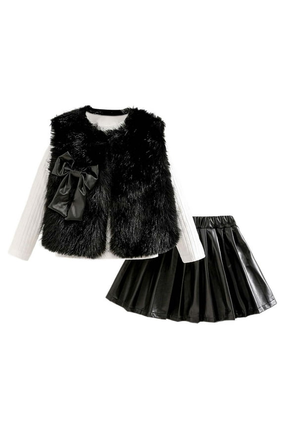Toddler Girls 3Pcs Fur Cardigan Vest Knitted Top Pleated Skirt Set, Sizes 3-4T
