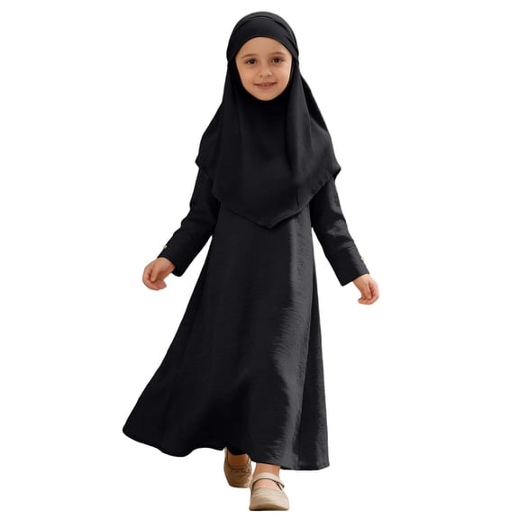 WOYY Toddler Girls Abaya Robe with Hijab Solid Color Long Sleeve Maxi Dress, Sizes 4-5T