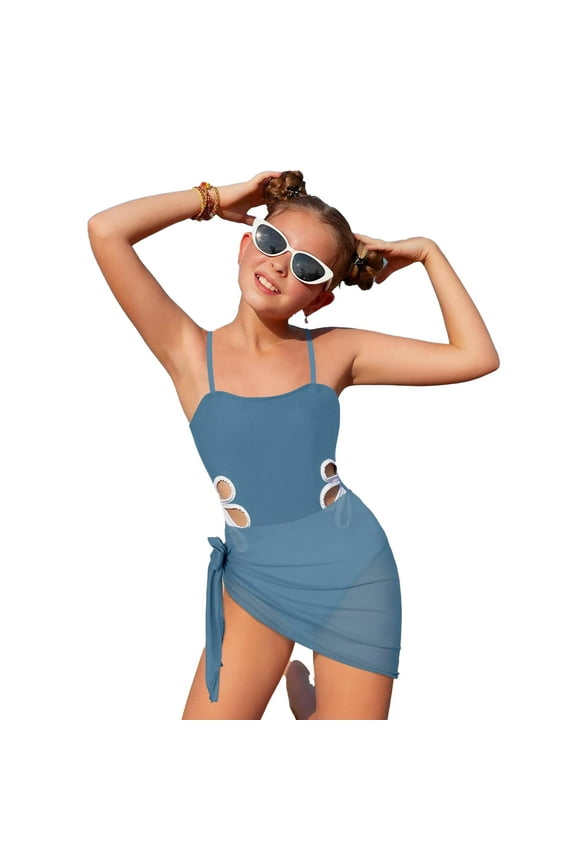 Toddler Girls Bathing Suit Flower Cutout One-Piece Swimsuit with Cover-Up, Sizes 7-16