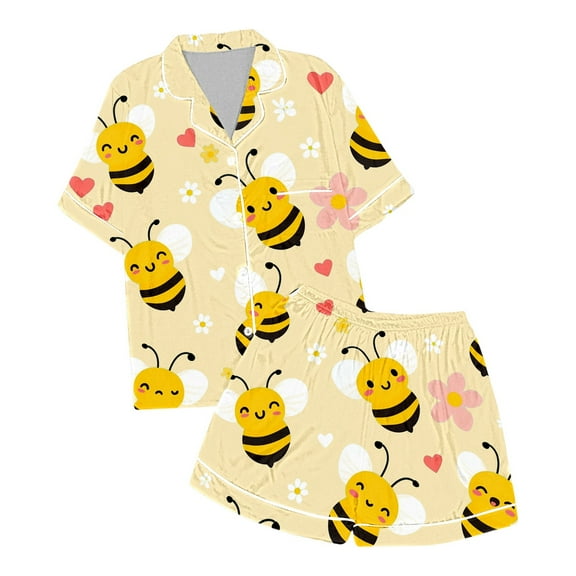 WOYY Toddler Girls Bee Print Short Sleeve Button Top & Shorts Sleepwear Pajamas, Size 2-13