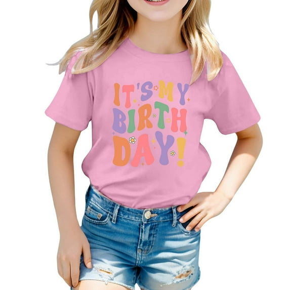 WOYY Toddler Girls Birthday T-Shirt Letter Print Short Sleeve Party T Shirt, Sizes 1-13