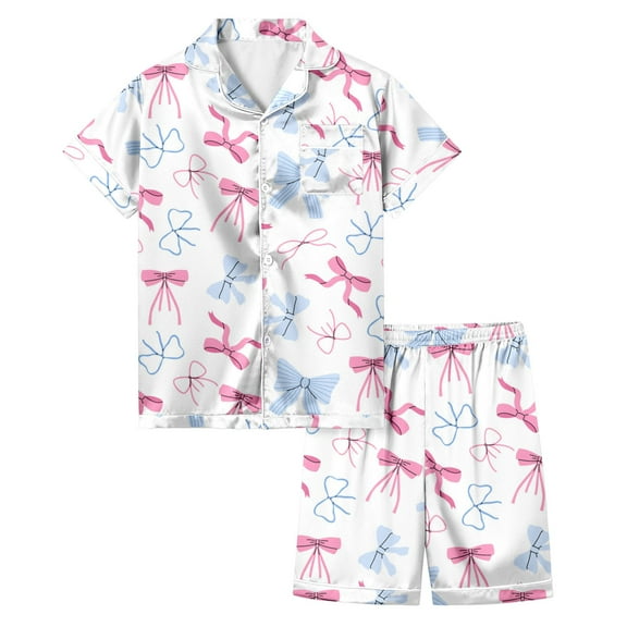 WOYY Toddler Girls Bow Print Short Sleeve Button Shirt Shorts Pajamas Set, Sizes 3-4T