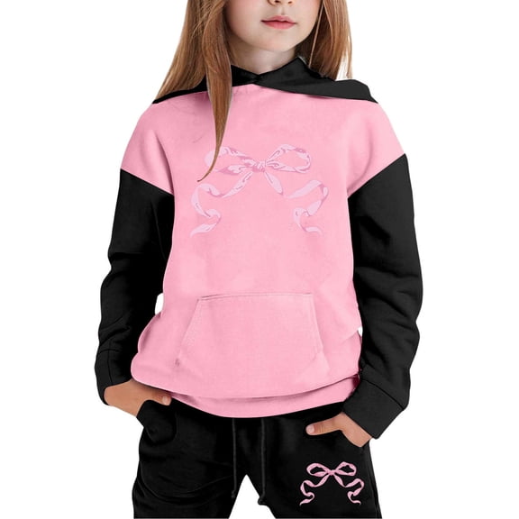 WOYY Toddler Girls Bow Sweatsuit Color Block Hoodie Sweatpants Set, Sizes 4-5T