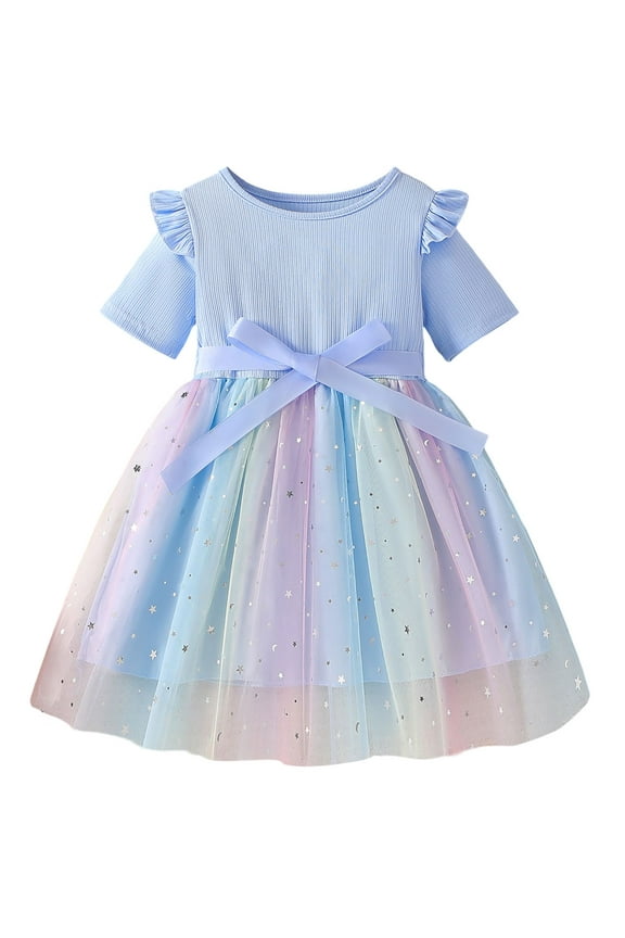 Toddler Girls Bowknot Princess Dress Rainbow Colorful Mesh Ribbed Dress, Sizes 4-5 Years