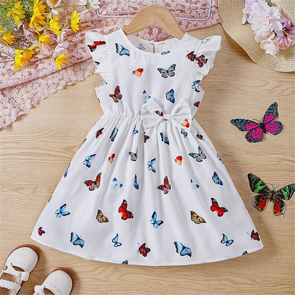 WOYY Toddler Girls Butterfly Print Bow Dress Flutter Sleeves Casual Dress, Sizes 1-6