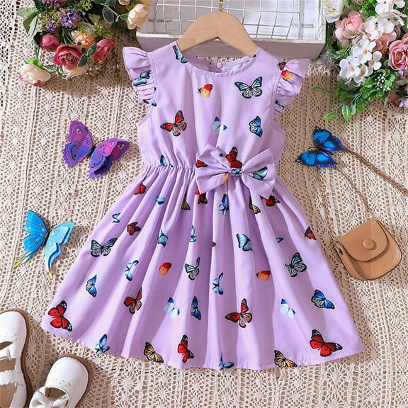 WOYY Toddler Girls Butterfly Print Bow Dress Flutter Sleeves Casual Dress, Sizes 1-6