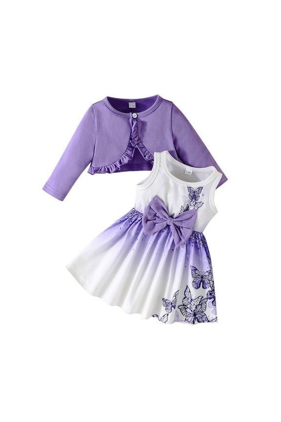 Toddler Girls Butterfly Print Bow Sleeveless Dress & Long Sleeve Coat Outfits, Sizes 18-24M