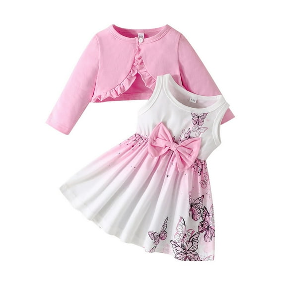 WOYY Toddler Girls Butterfly Print Bow Sleeveless Dress & Long Sleeve Coat Outfits, Sizes 3-4Y