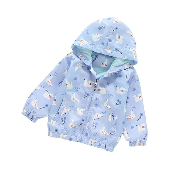 WOYY Toddler Girls Cartoon Print Windbreaker Zipper Hooded Windproof Jacket, Blue