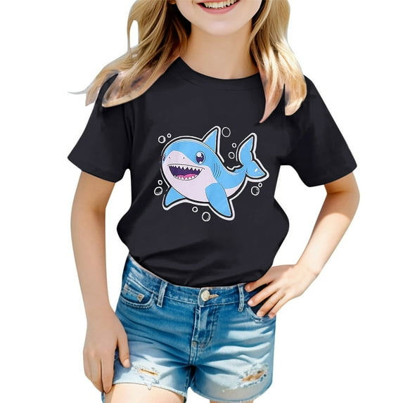 WOYY Toddler Girls Cartoon Shark Print Short Sleeved T-Shirt Kids Graphic Tee, Sizes 1-13