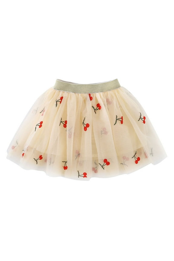 Toddler Girls Cherry Embroidery Tutu Skirt Cute Mesh Layered Tulle Skirt, Sizes 3-4