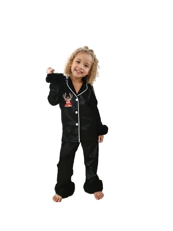 Toddler Girls Christmas Pajamas Satin Silk Long Sleeve Button Down Shirt Pants PJs