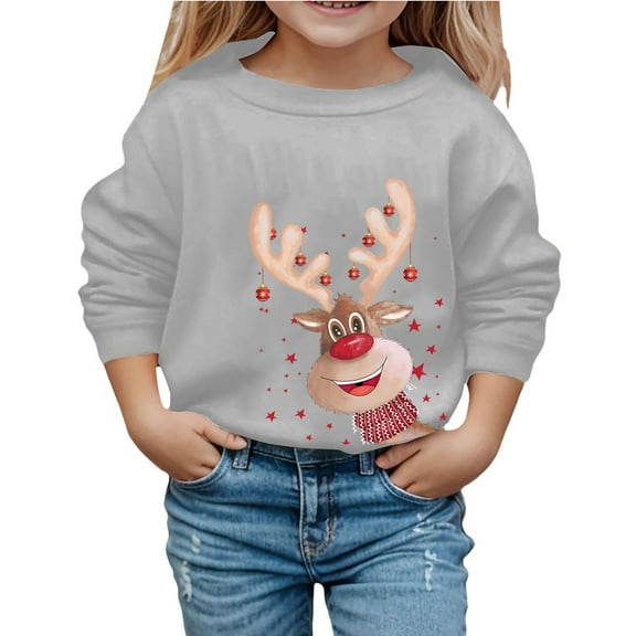 WOYY Toddler Girls Christmas Sweatshirt Reindeer Print Crewneck Pullover Sweatshirts Top