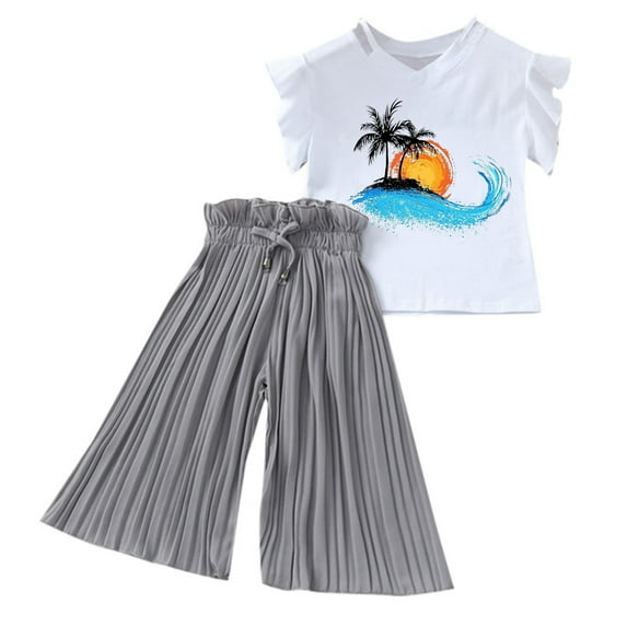 WOYY Toddler Girls Clothing Sets Summer Graphic Ruffle T Shirt Wide-Leg Pants Outfits