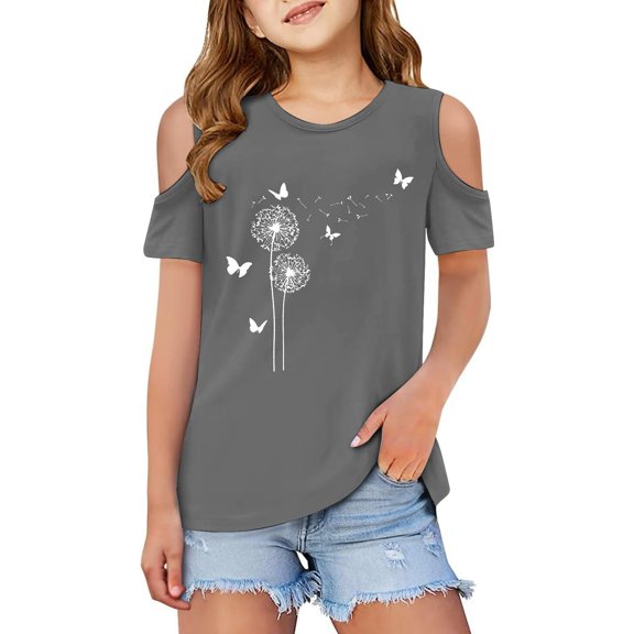 WOYY Toddler Girls Cold Shoulder Graphic T-Shirt Casual Short Sleeve T Shirt, Sizes 3-12
